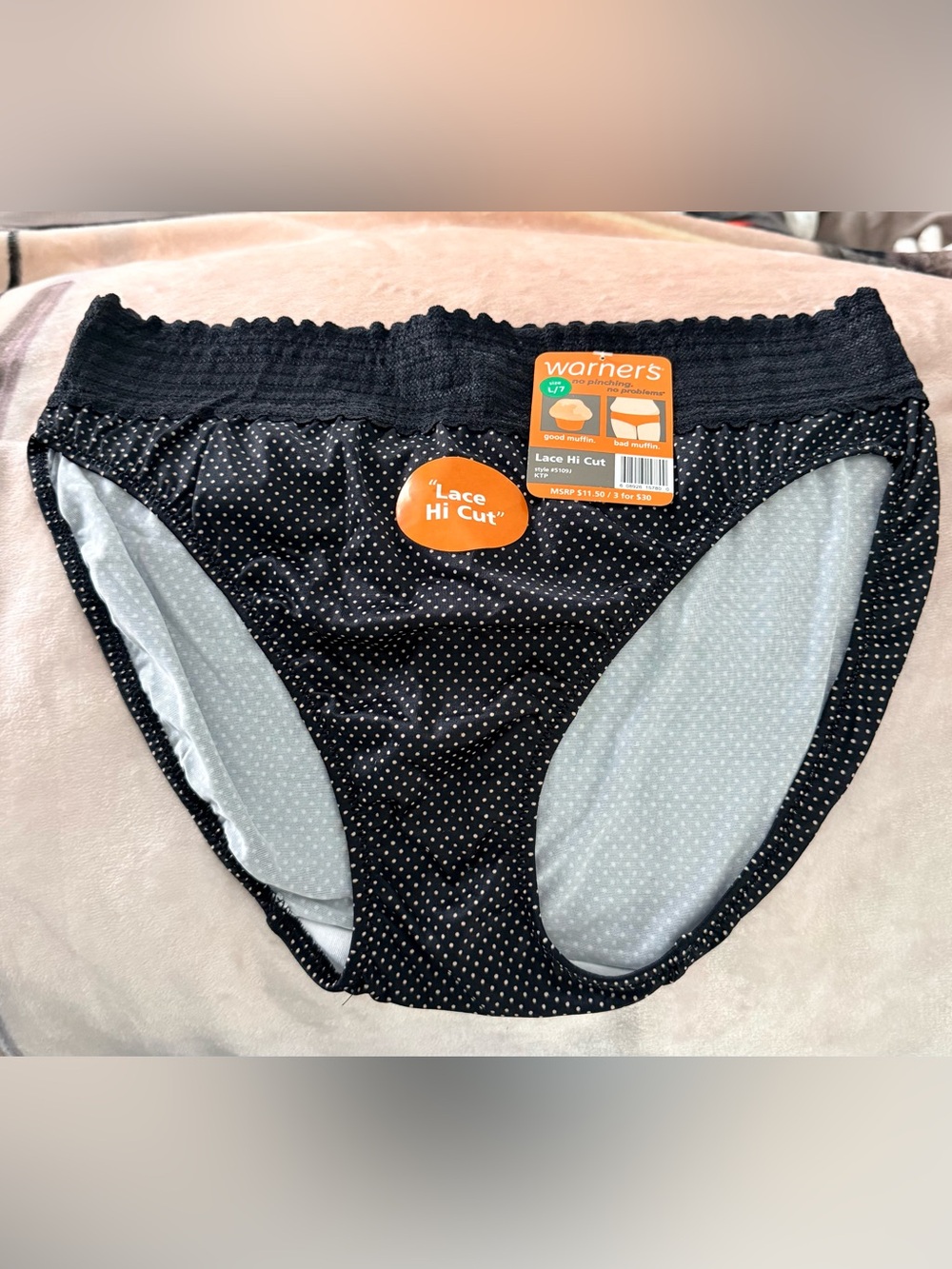 Warners~Hi Cut Panty~Microfiber With Lace~ Size 7/L ~5109J~New With Tags